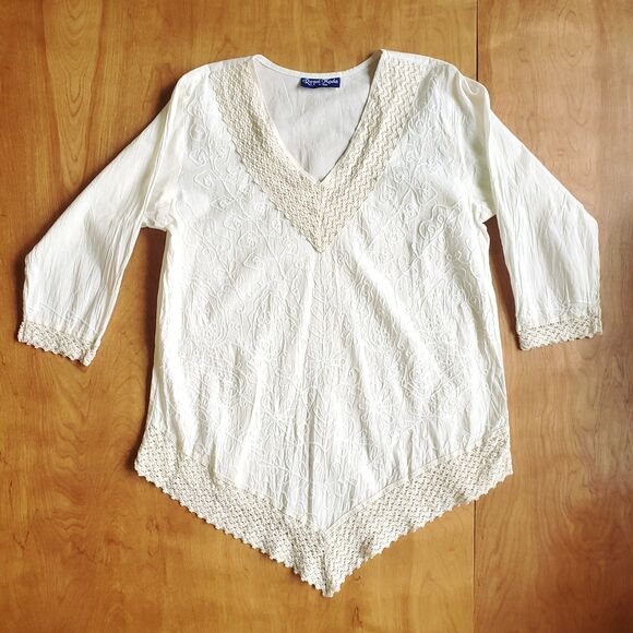 Royal Moda Tunic L 40 Embroidered Floral 3/4 Sleeve Boho Western Peasant Cream - Picture 4 of 10